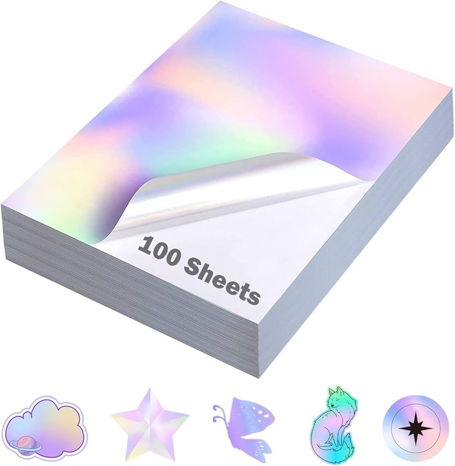 Holographic Sticker Paper 8 5x11 Inch Inkjet Laser Printer US Letter Size Holographic Printable Vinyl Rainbow Sticker Adhesive Waterproof Vinyl 100 