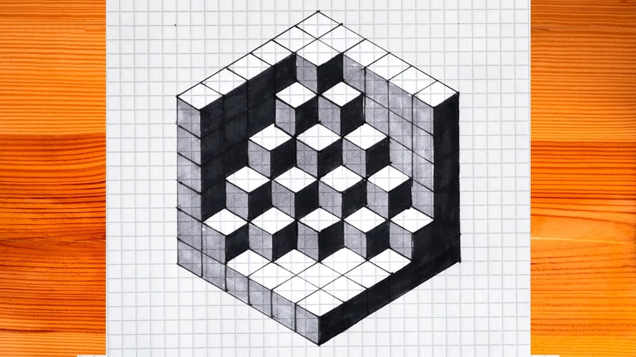 How To Draw A 3D Cube Optica Illusion On Grid Paper