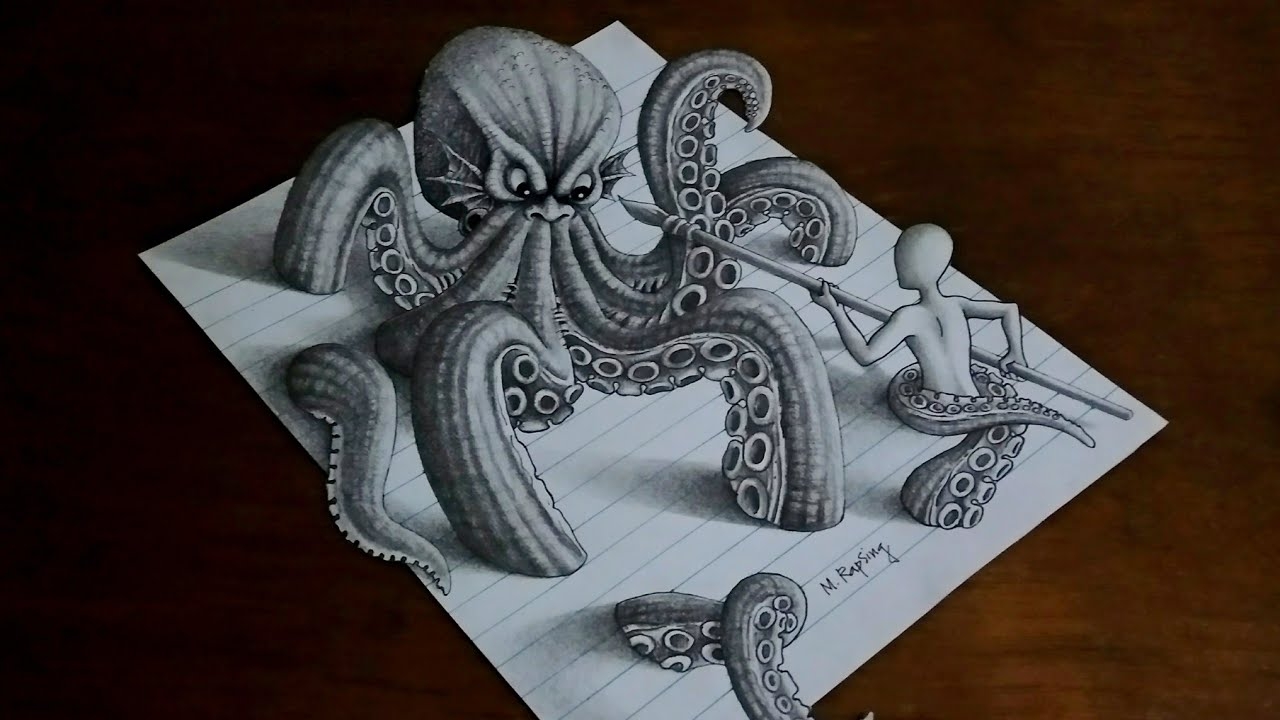How To Draw An Octopus 3D Drawing On Lined Paper