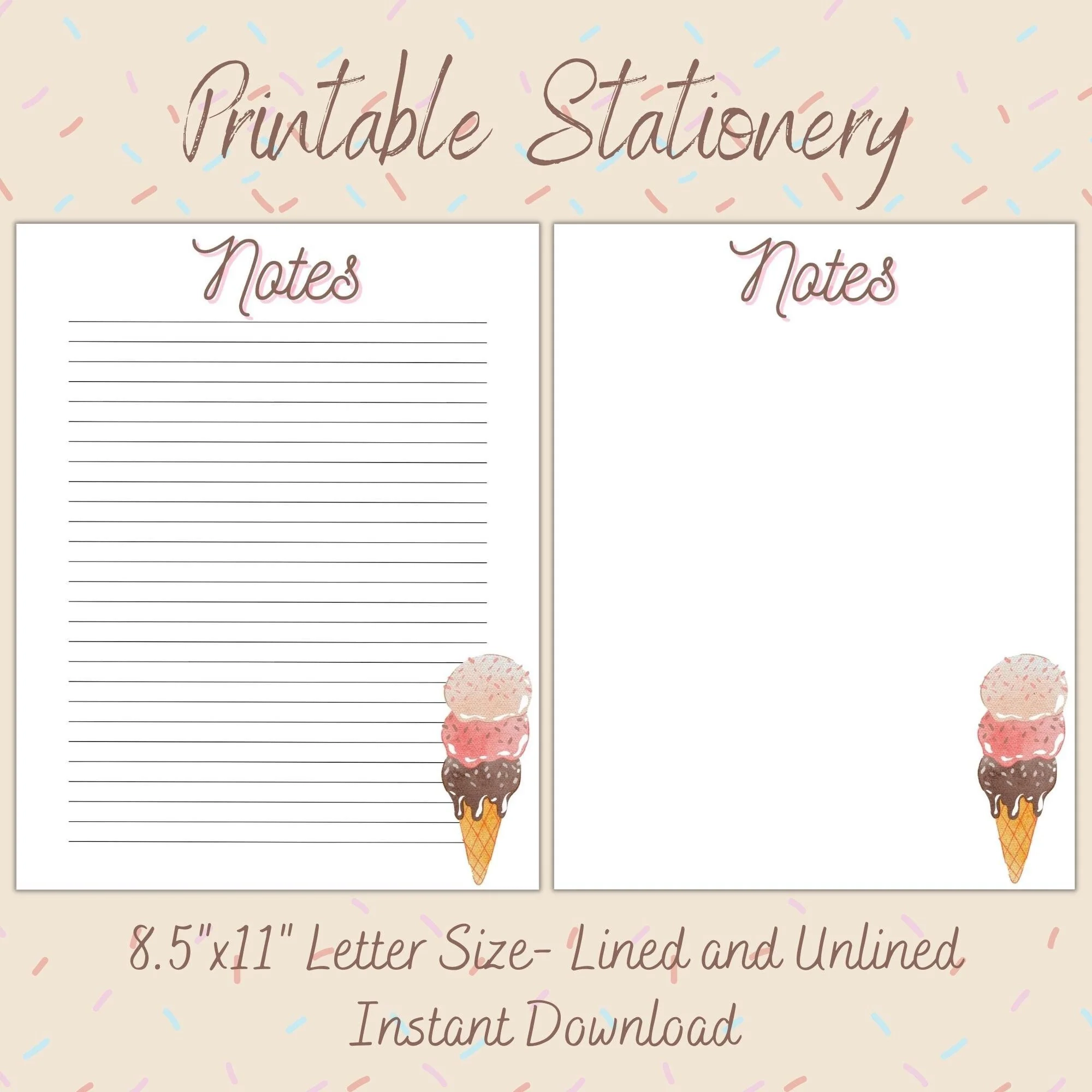 Ice Cream Stationery Lined amp Unlined Note Paper digital Download 