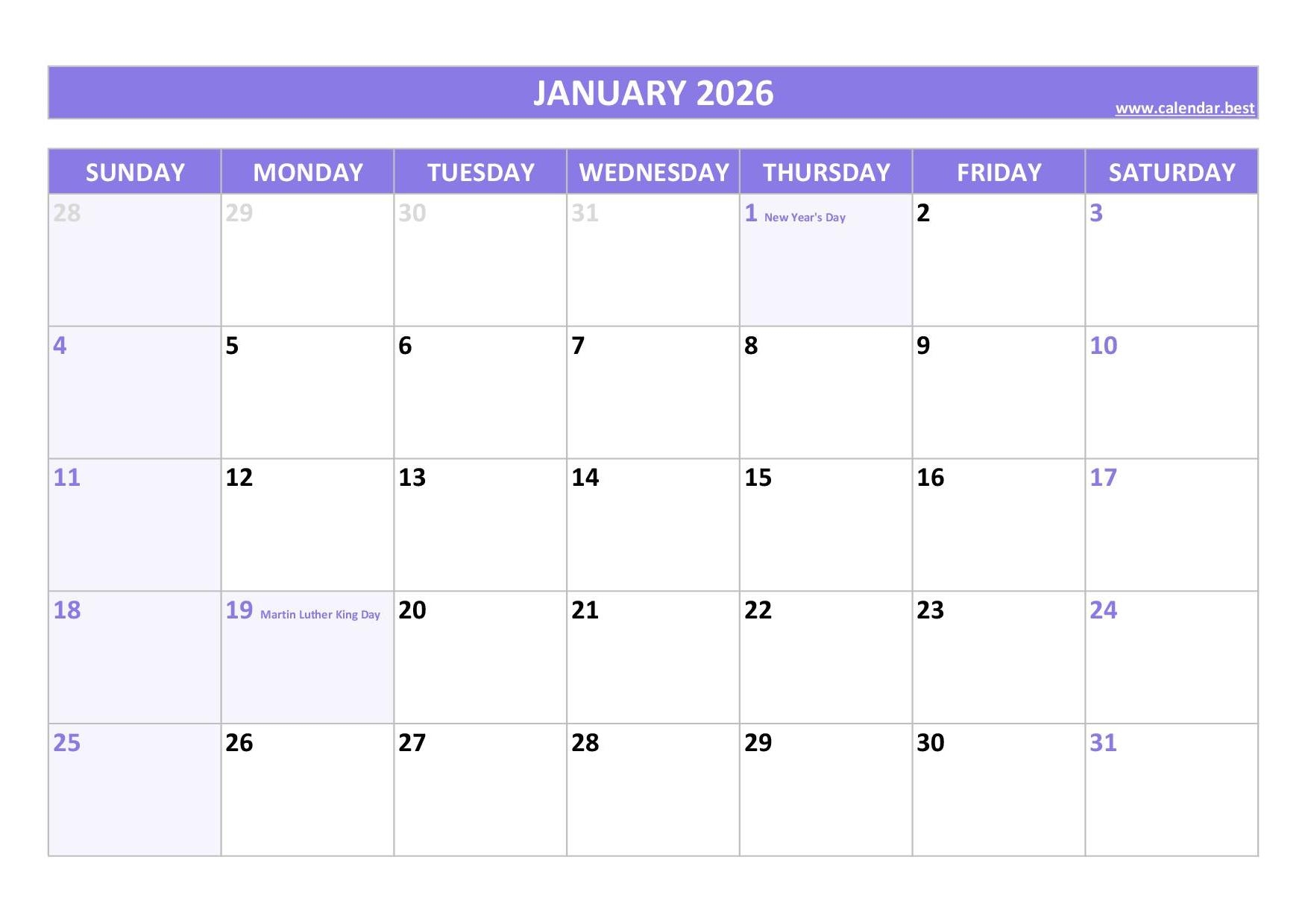 2026 Blank Monthly Calendar With Holidays