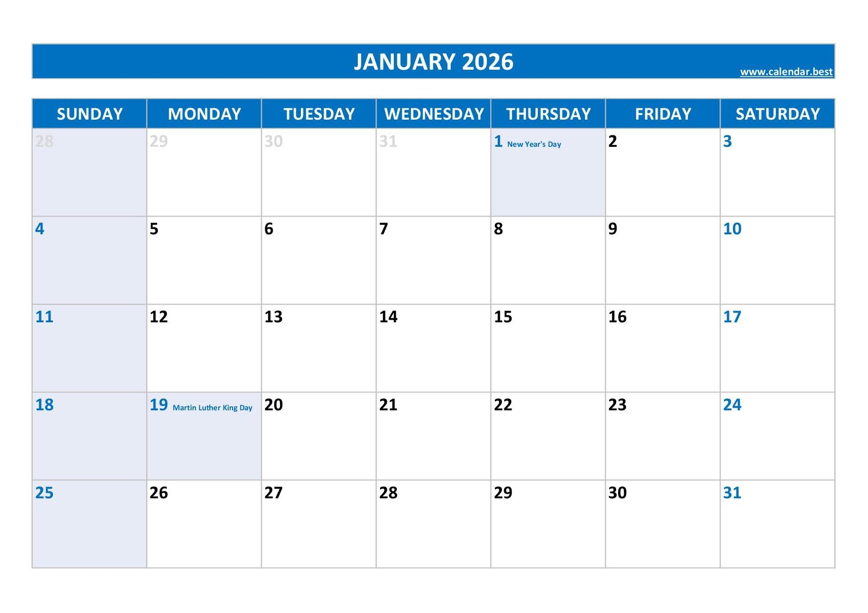 Printable Monthly Calendar 2026 With Holidays