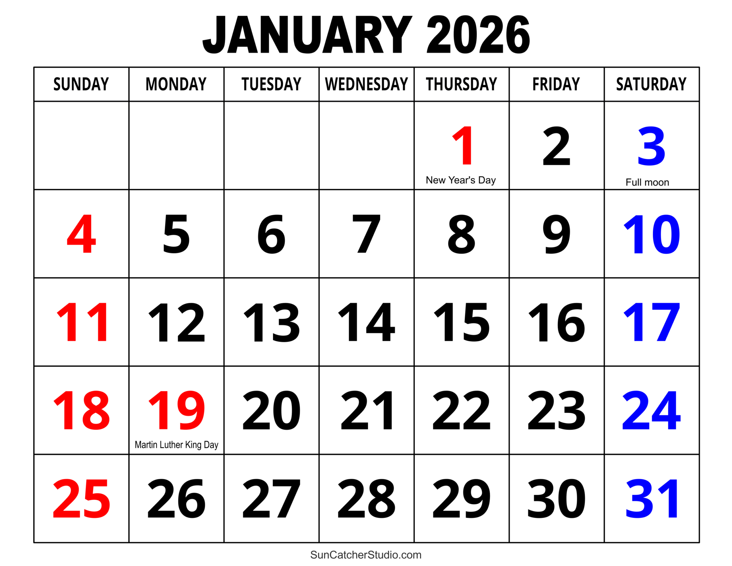 Free Printable Monthly Calendar January 2026