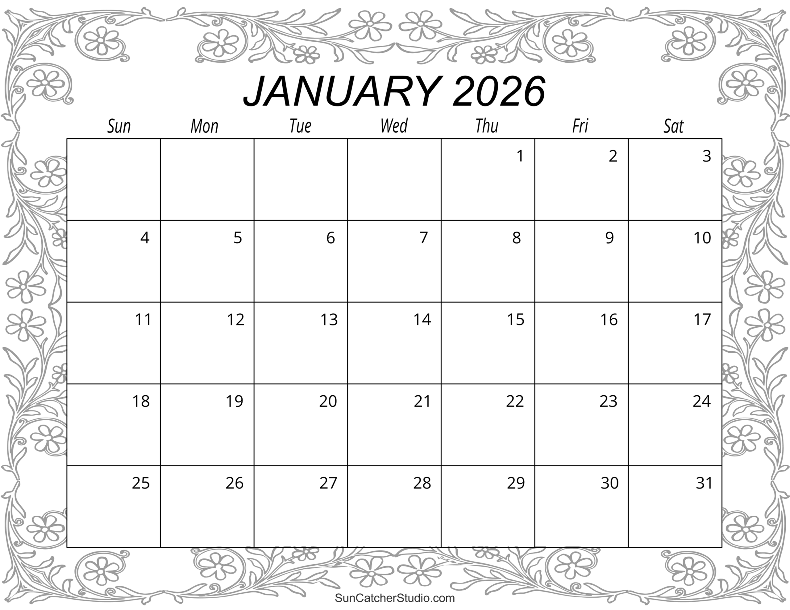 Free Printable January 2026 Calendar