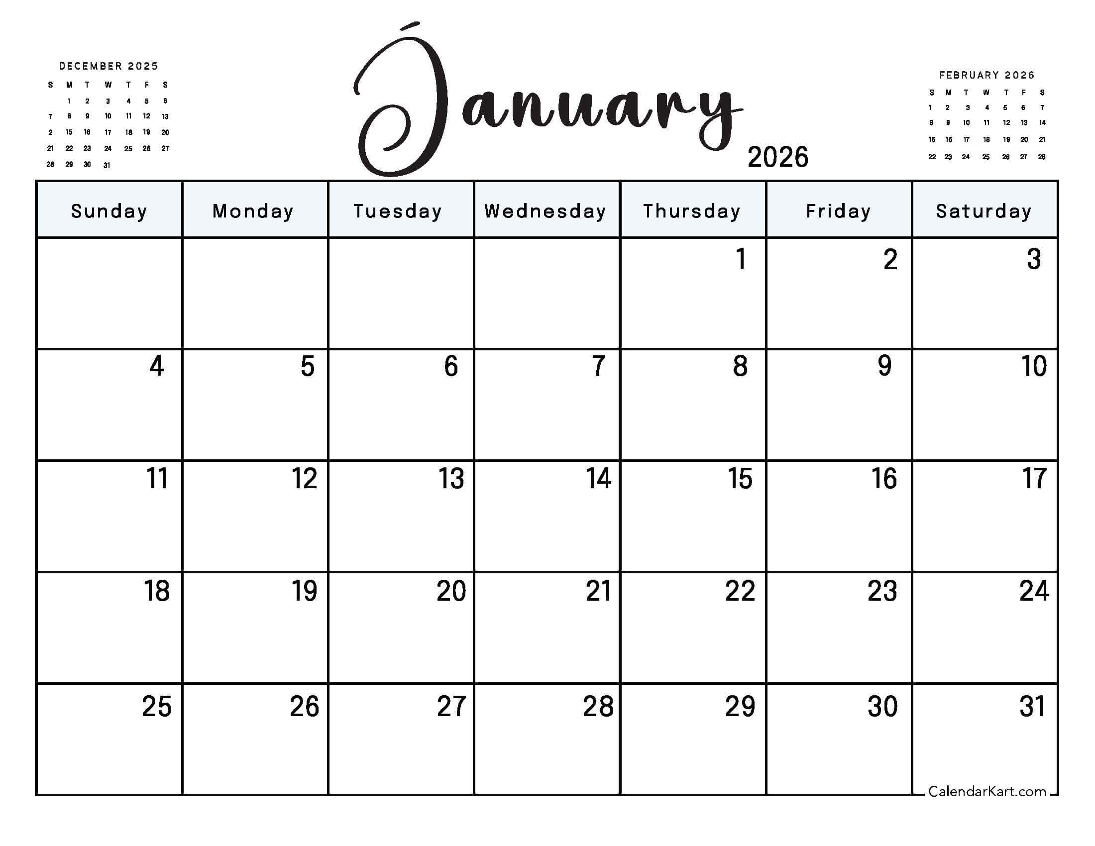 January 2026 Calendar Free Printable PDF CalendarKart