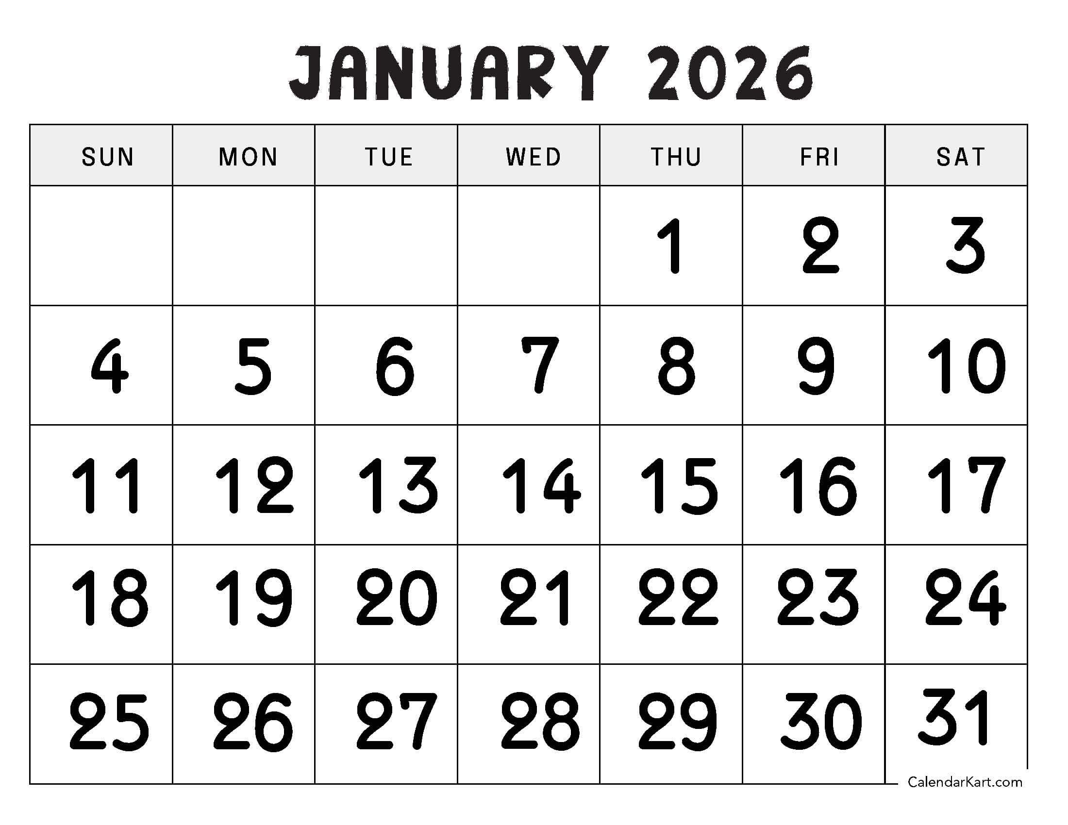 January 2026 Calendar Free Printable PDF CalendarKart