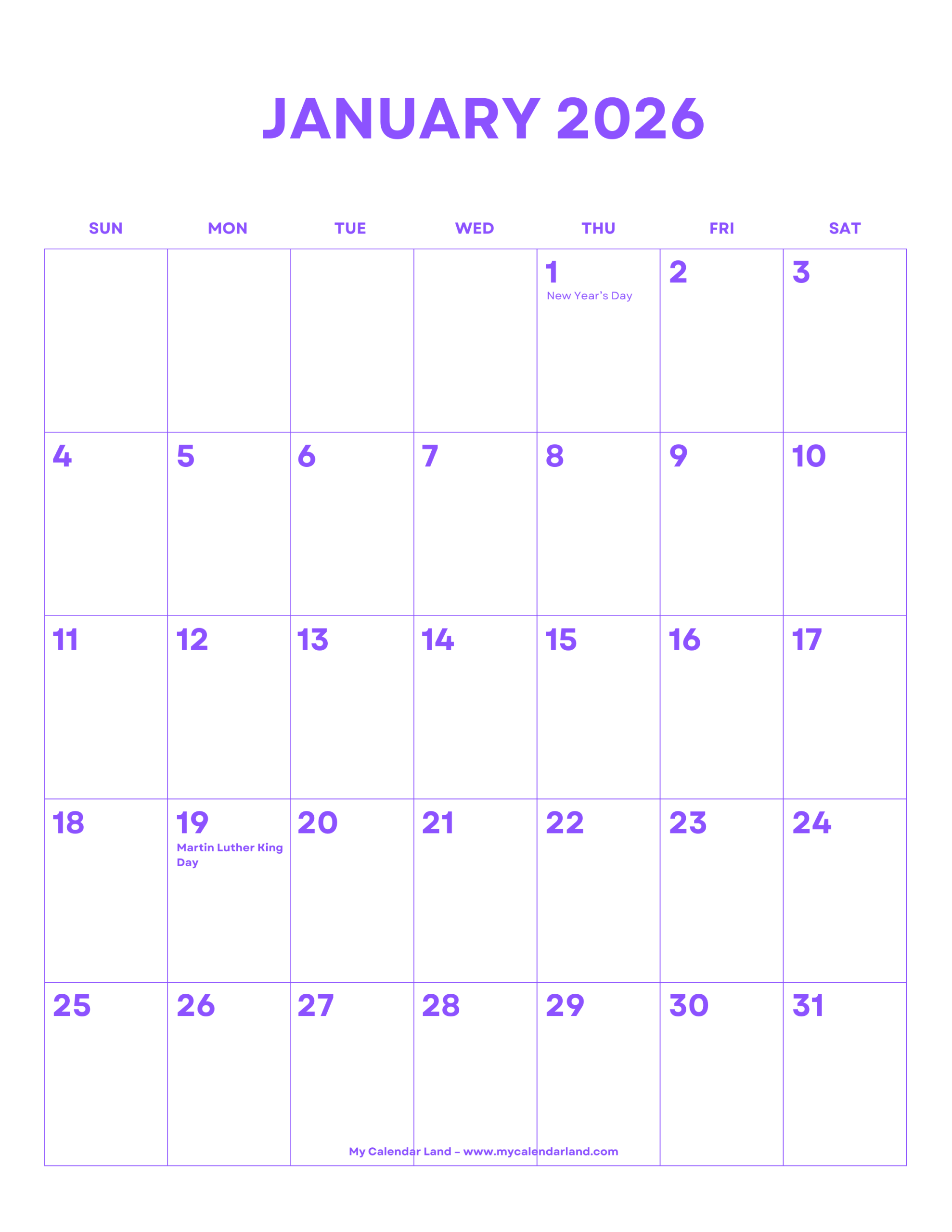 January 2026 Calendar My Calendar Land