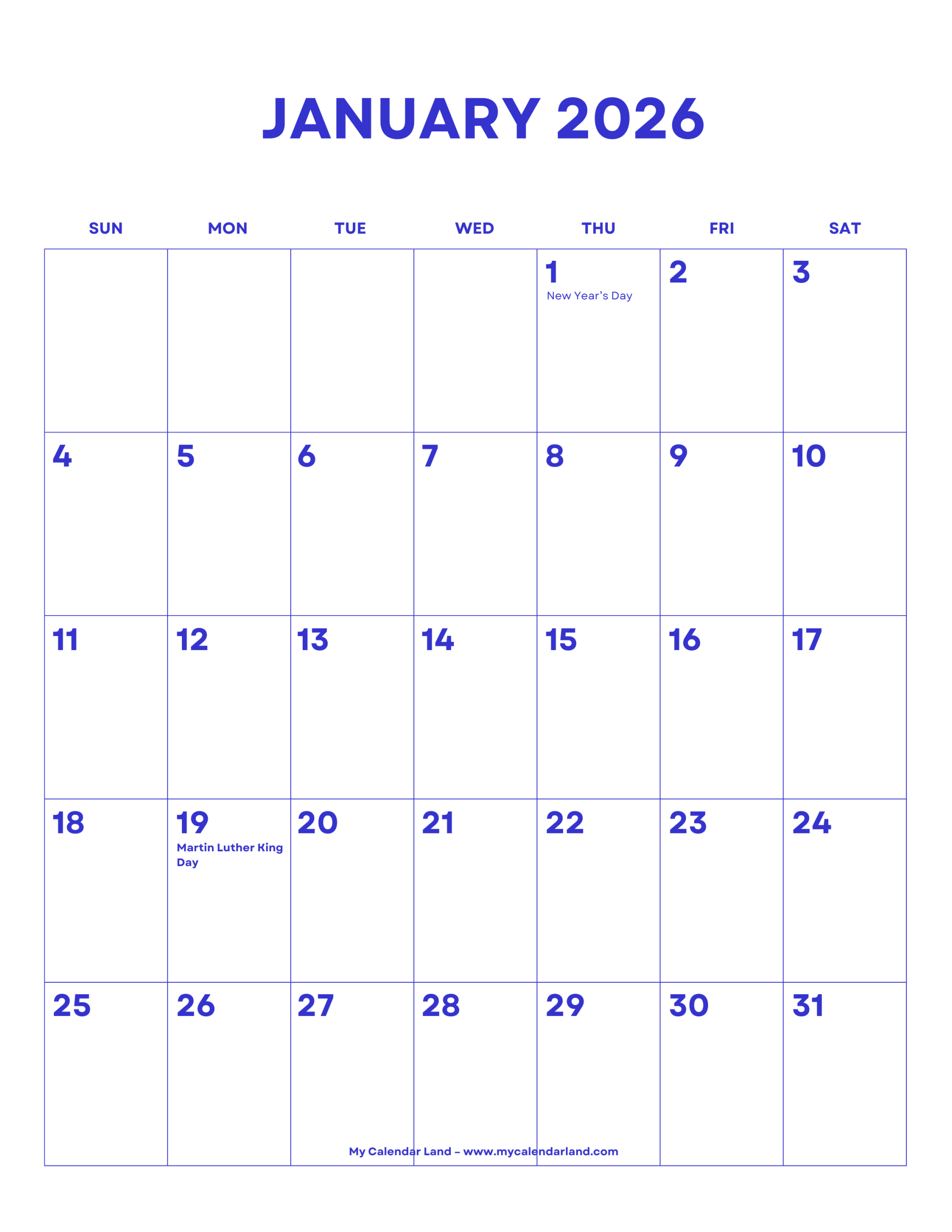 Blank Calendar January 2026 Free