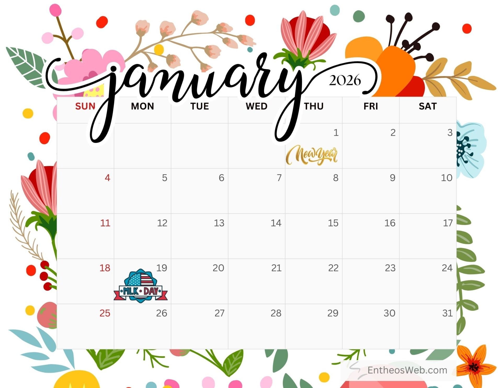 January 2026 Calendar Printables EntheosWeb