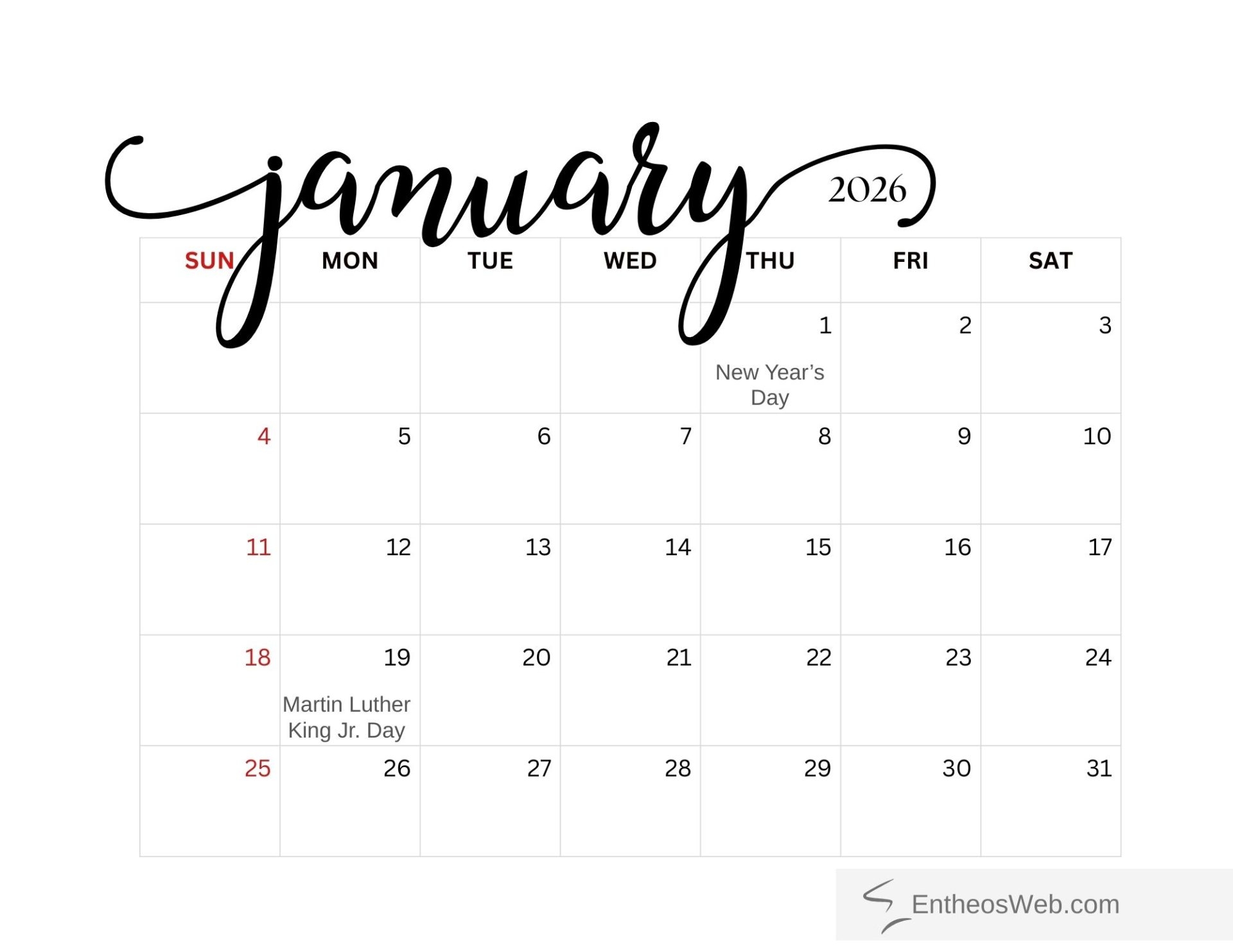 January 2026 Calendar Printables EntheosWeb