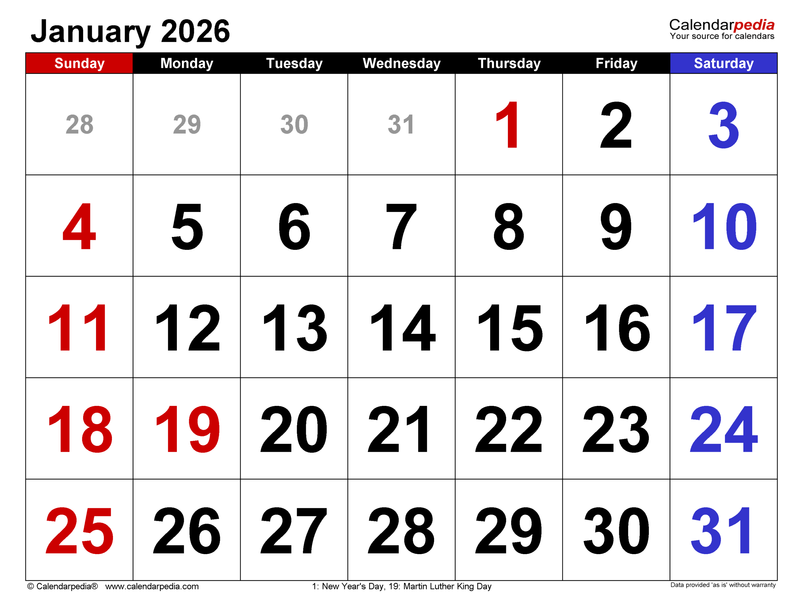 January 2026 Calendar Templates For PDF Excel And Word