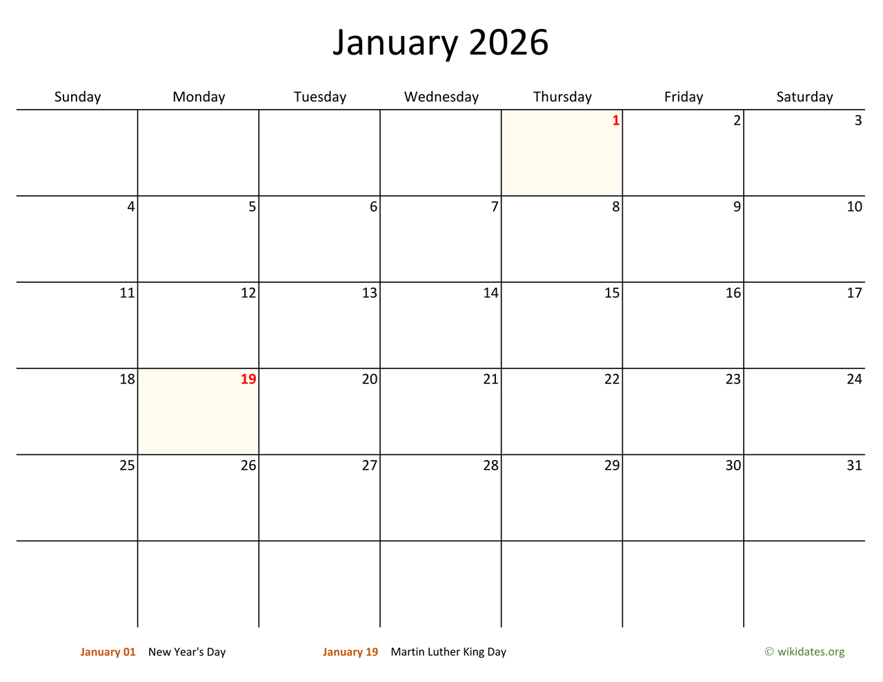 January 2026 Calendar With Bigger Boxes WikiDates
