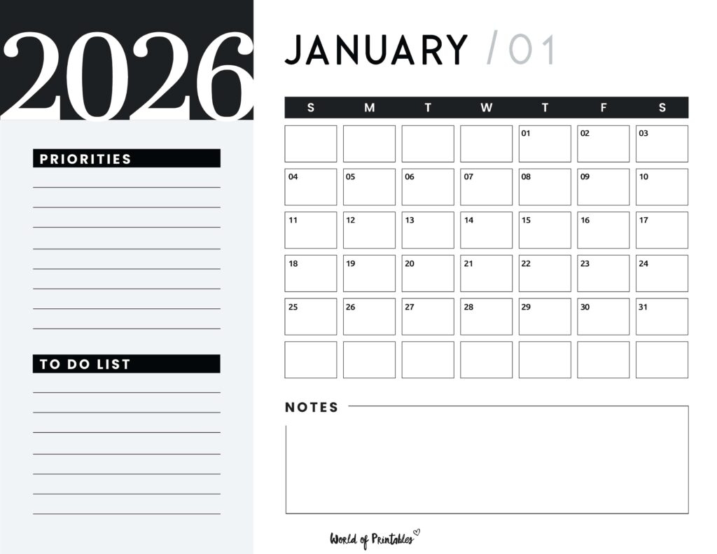 2026 Calendar Printable With Notes