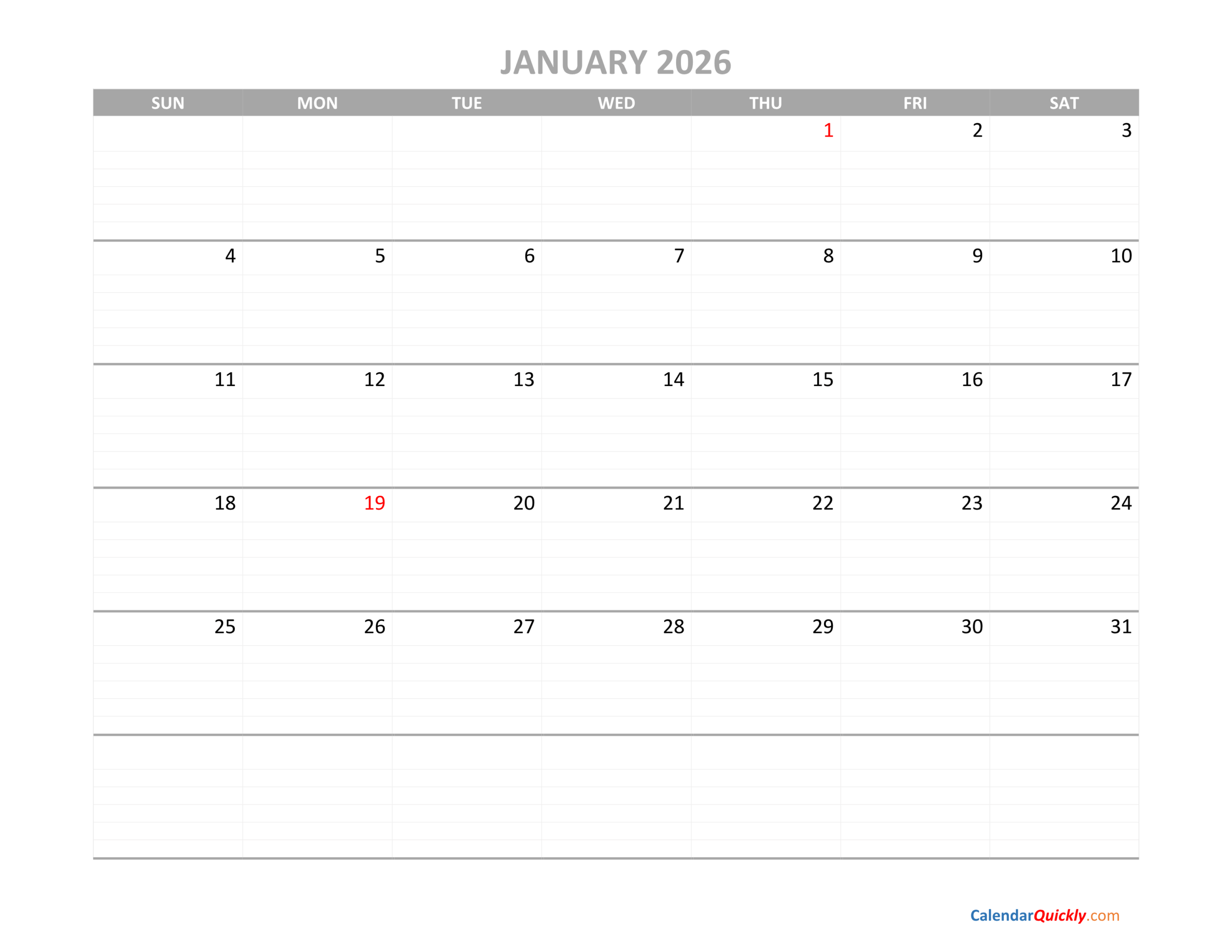 January 2026 Printable Calendar