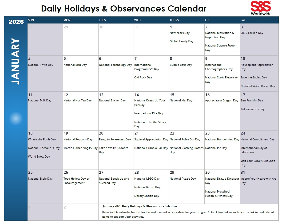 January Daily Holidays amp Observances Printable Calendar S amp S Blog
