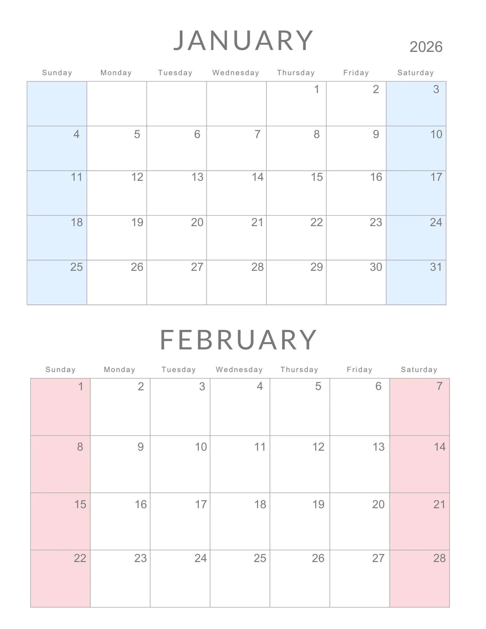 January February 2026 Calendars Free PDFs CalendarKart