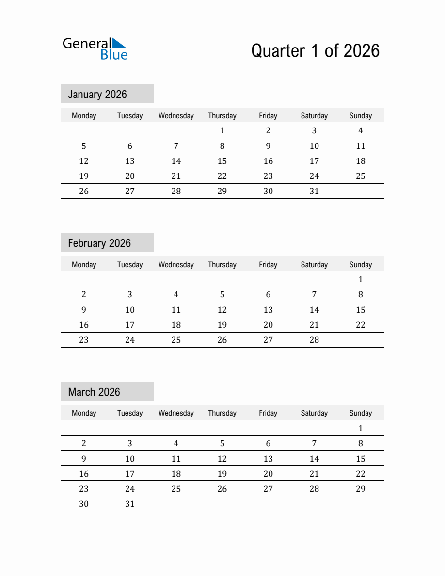 Jan Feb March 2026 Calendar