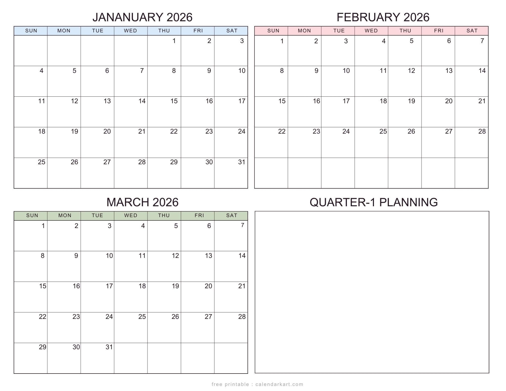 January March 2026 Calendar Q1 Planner Templates CalendarKart