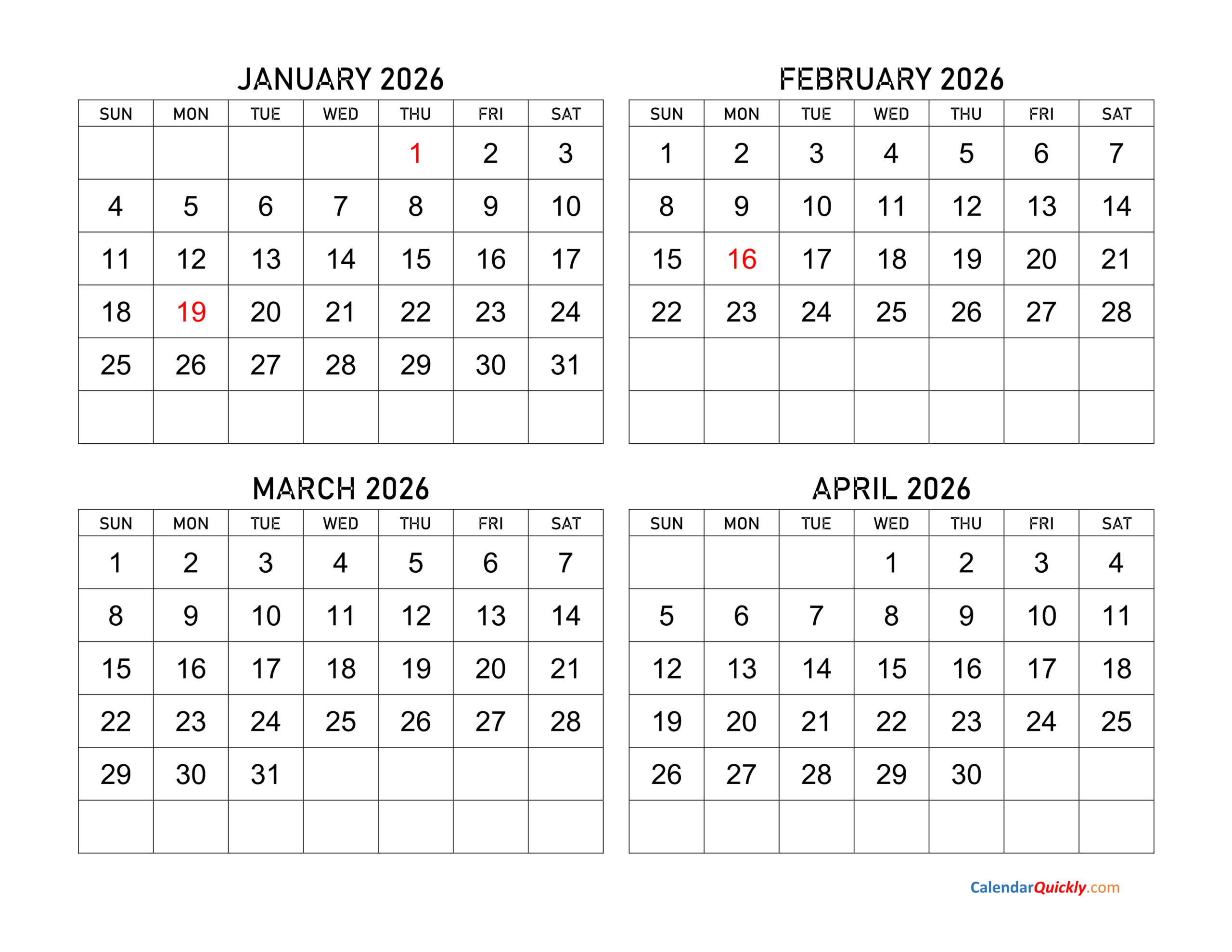 January To April 2026 Calendar Calendar Quickly