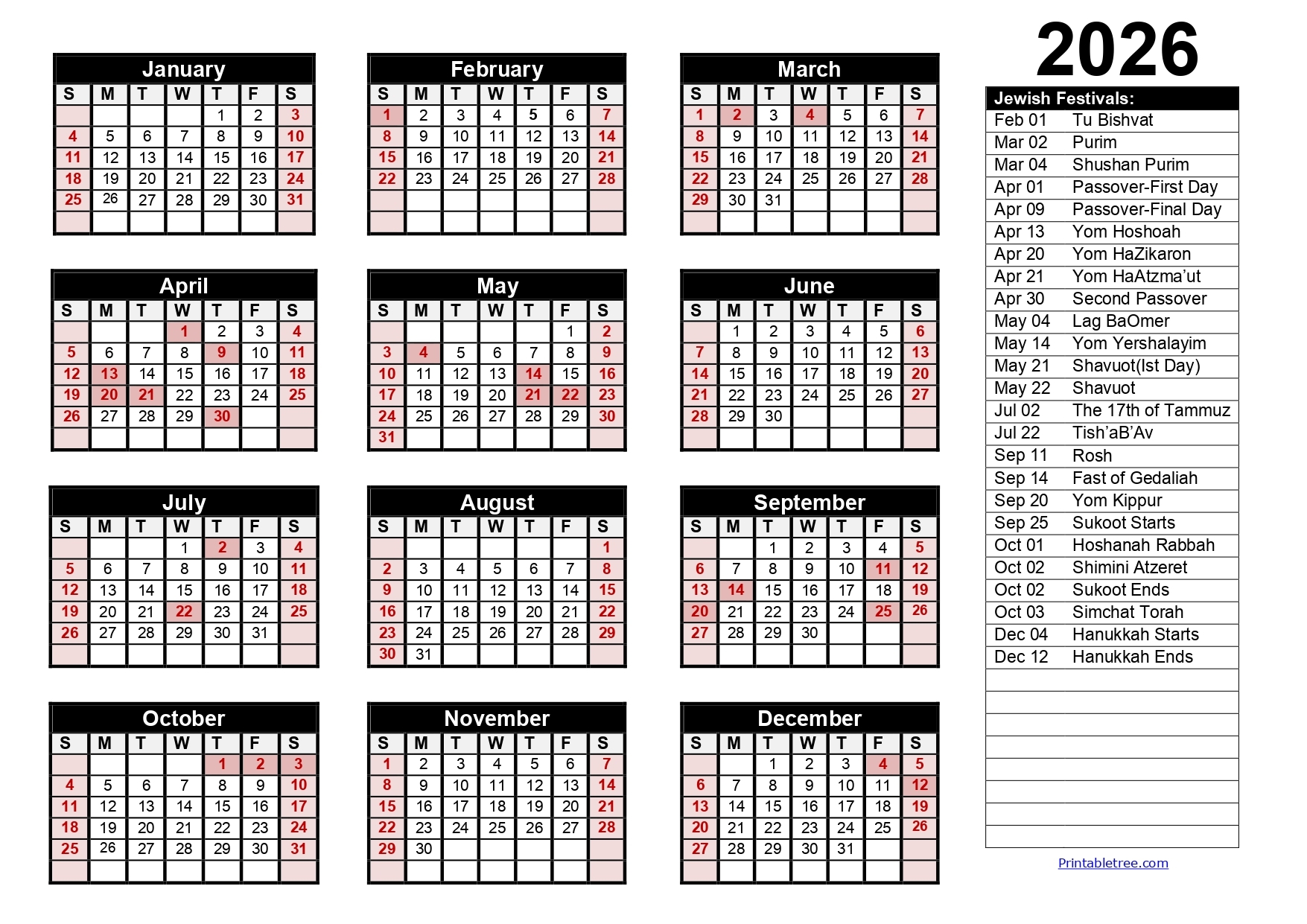 Jewish Calendar 2026 PDF Templates With Jewish Holidays Lists