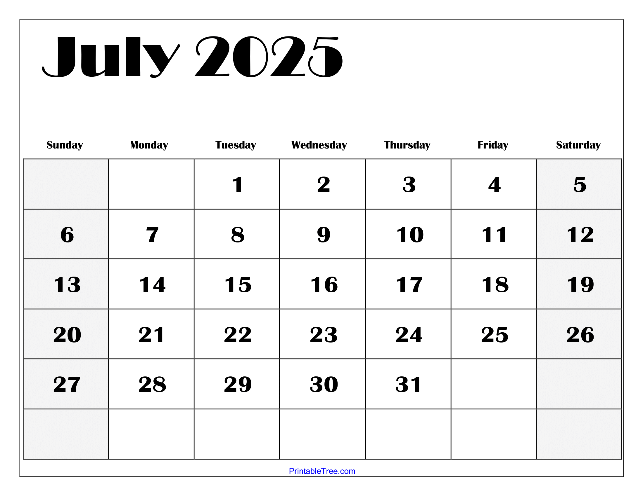 Printable Blank July Calendar