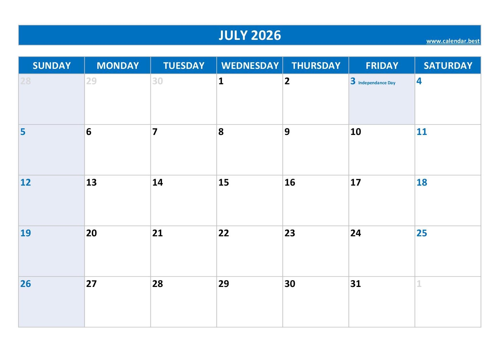 Blank July Calendar 2026 With Holidays