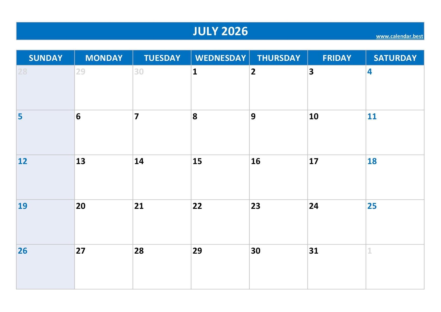 Blank July Calendar 2026 Printable Free