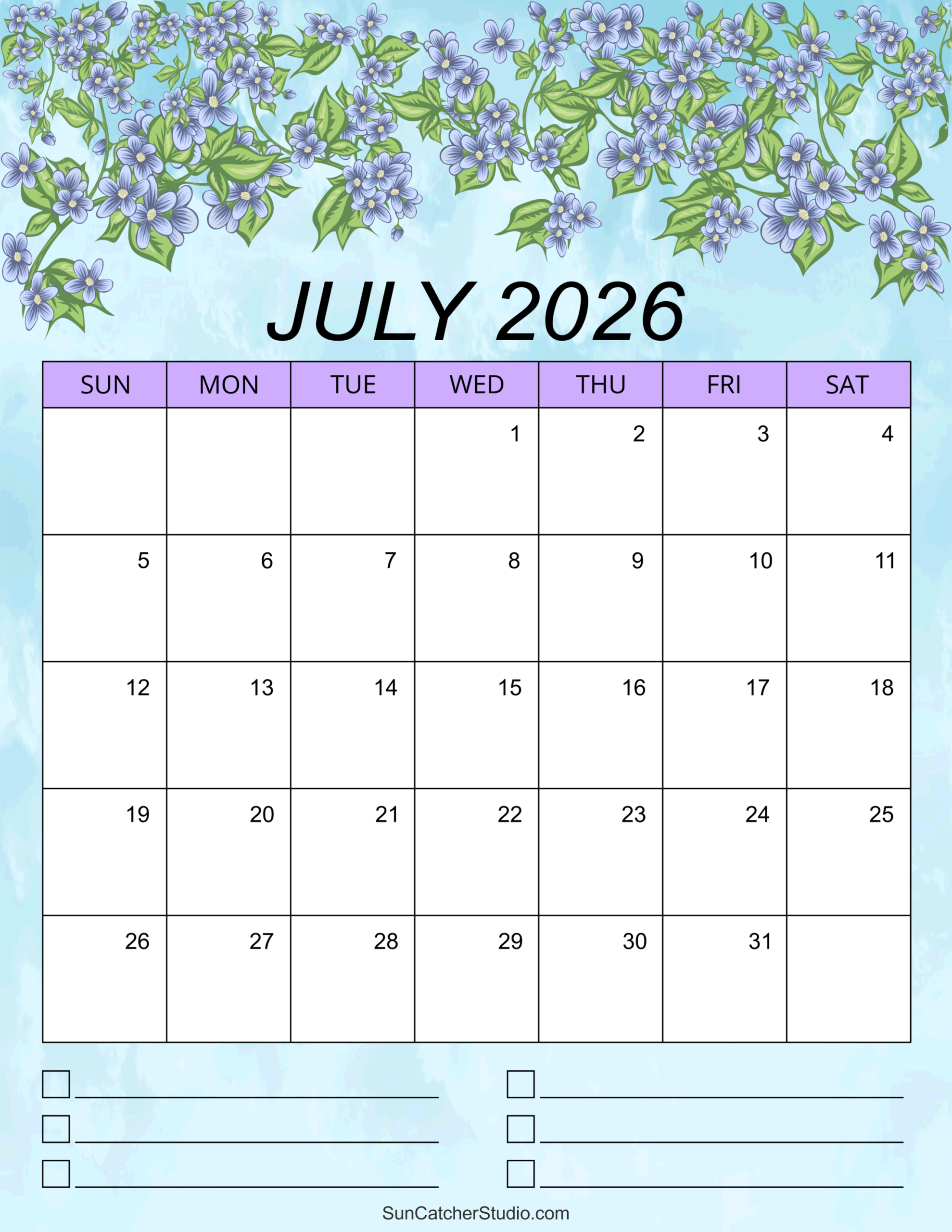 Monthly Calendar 2026 Printable Free July
