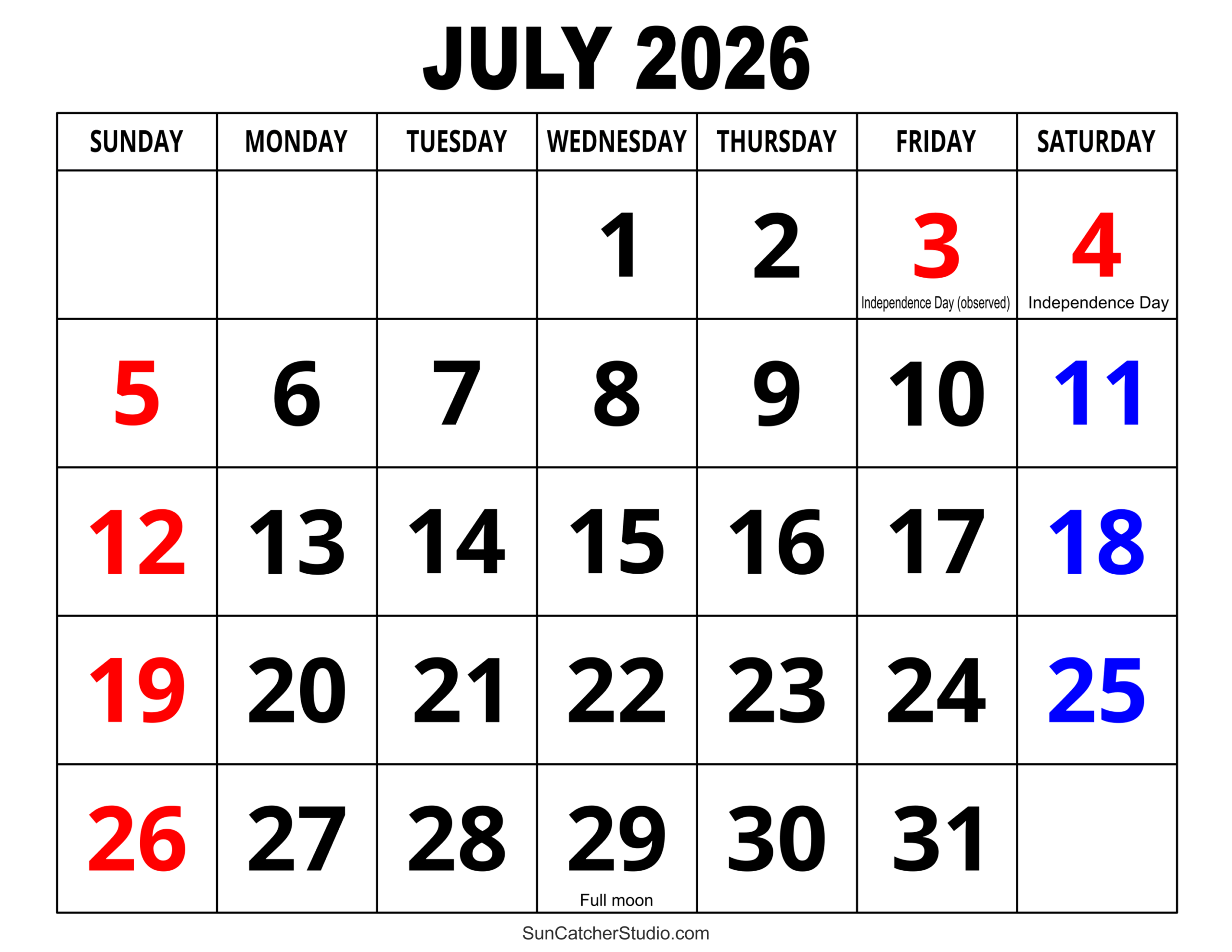 2026 Printable Calendar By Month July