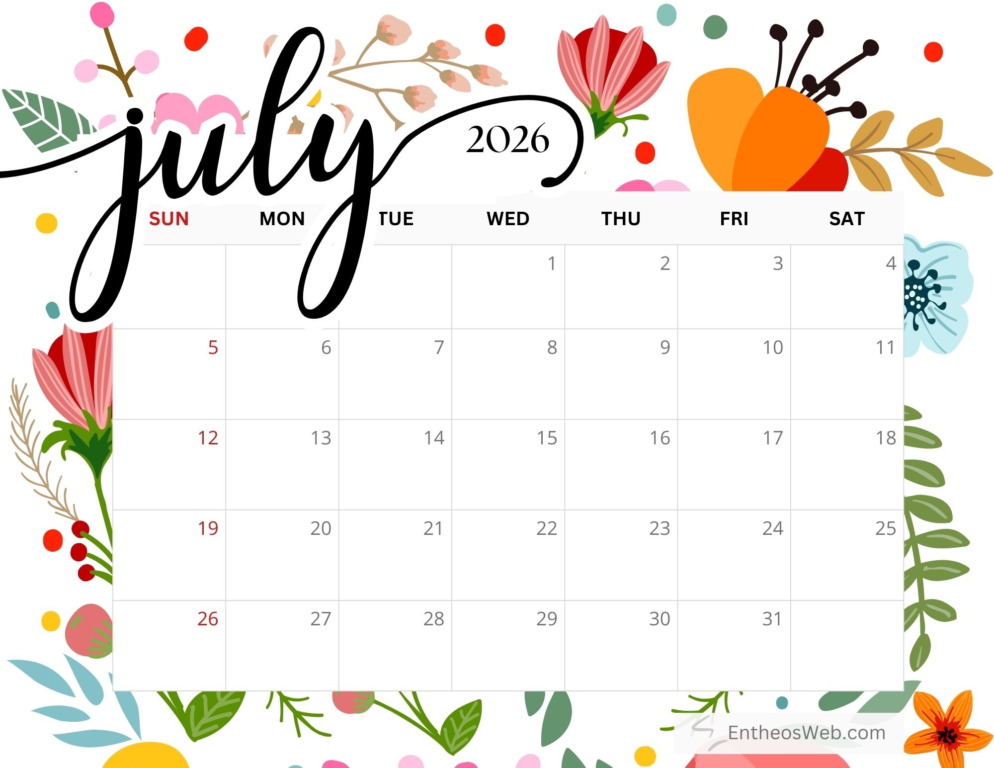 July 2026 Calendar Printables EntheosWeb