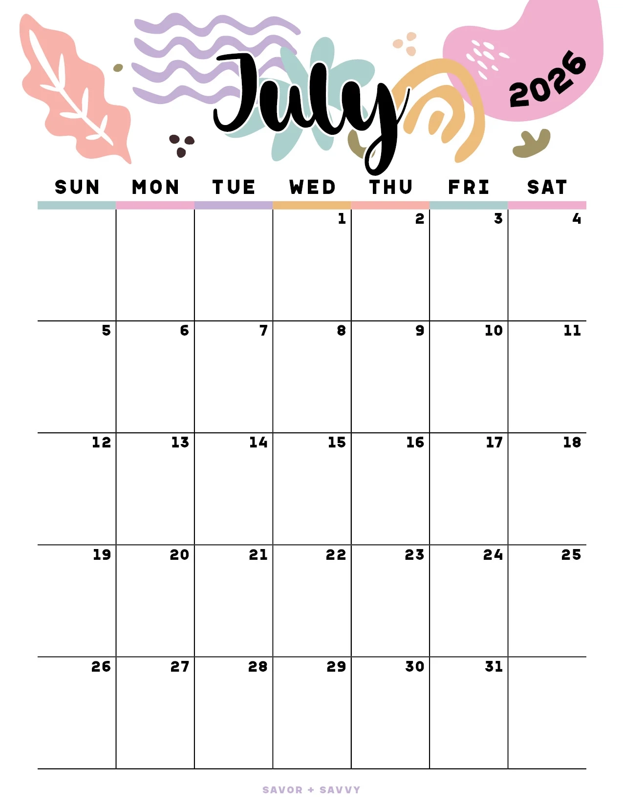 July 2026 Calendar Template Word