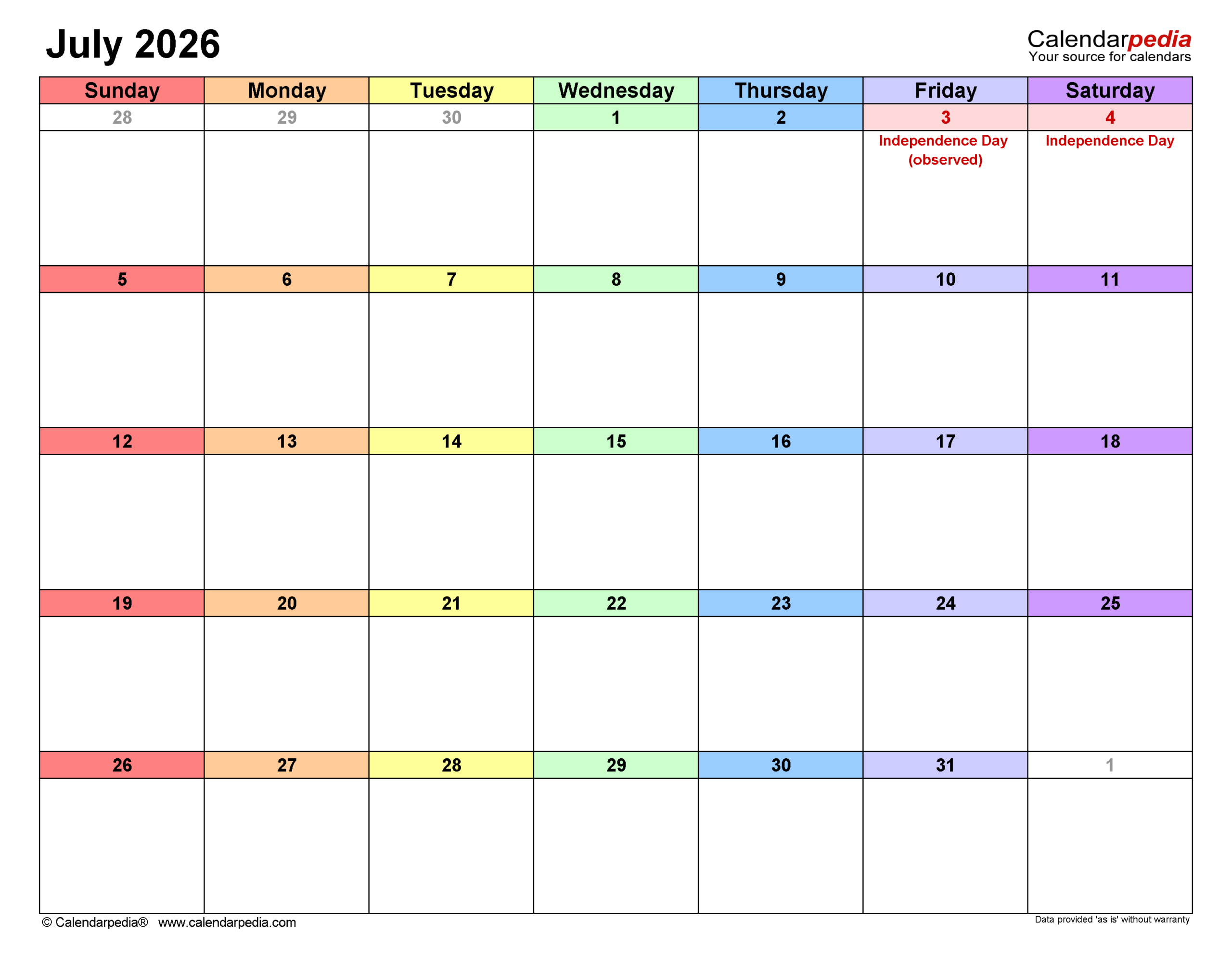 Blank July Calendar 2026 Landscape