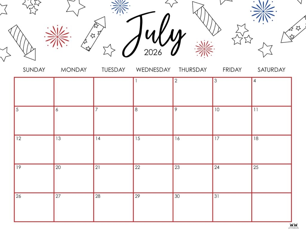 July 2026 Calendars 150 FREE Printables Printabulls