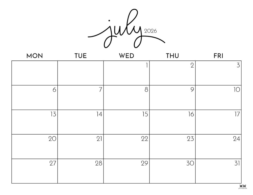 July 2026 Calendars 150 FREE Printables Printabulls