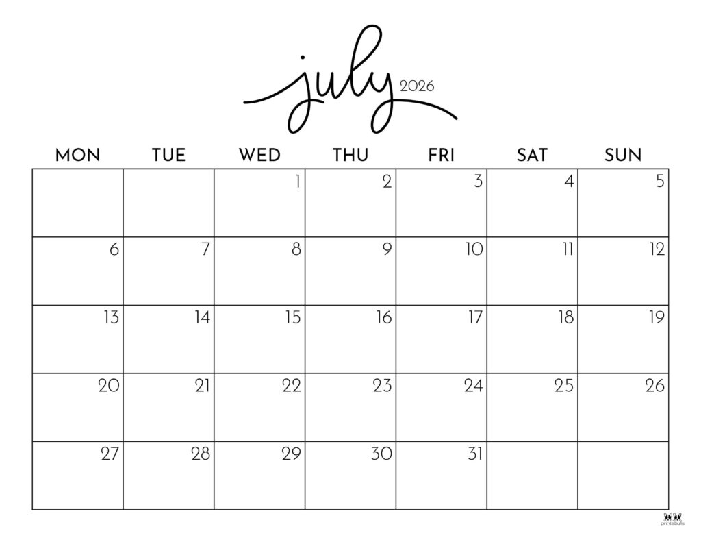 July 2026 Calendars 150 FREE Printables Printabulls