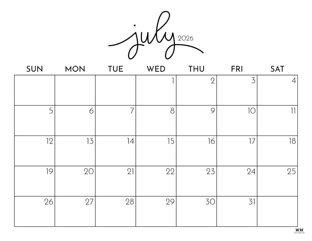 July 2026 Calendars 150 FREE Printables Printabulls