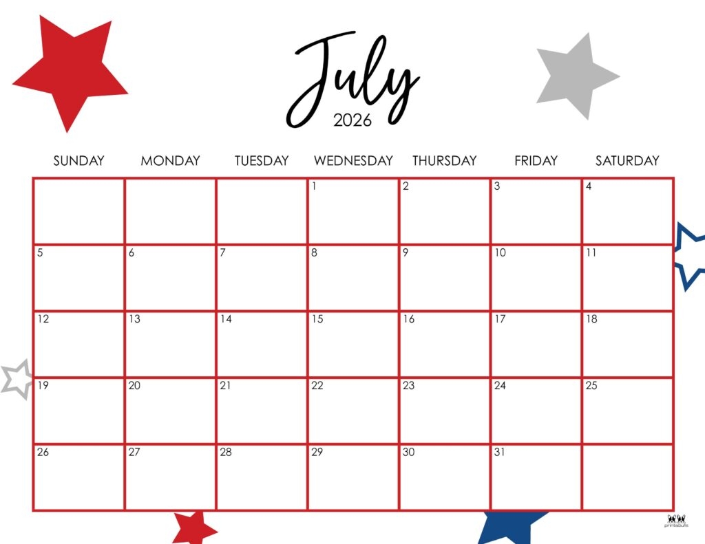 July 2026 Calendars 150 FREE Printables Printabulls