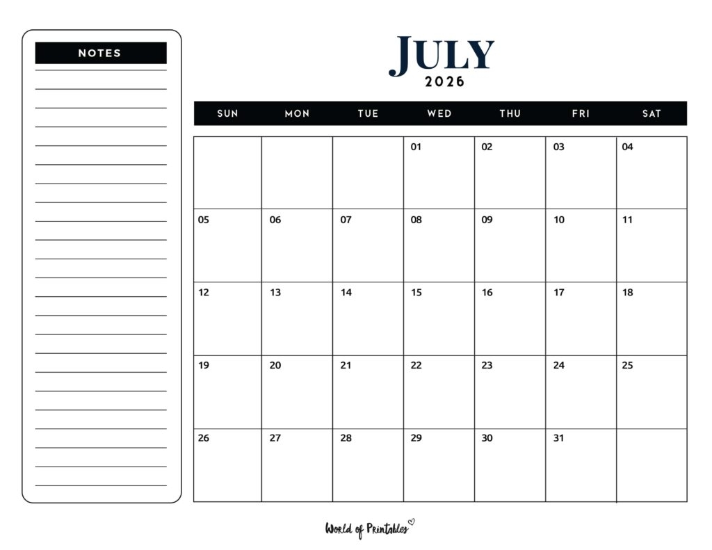 Printable Calendar July 2026