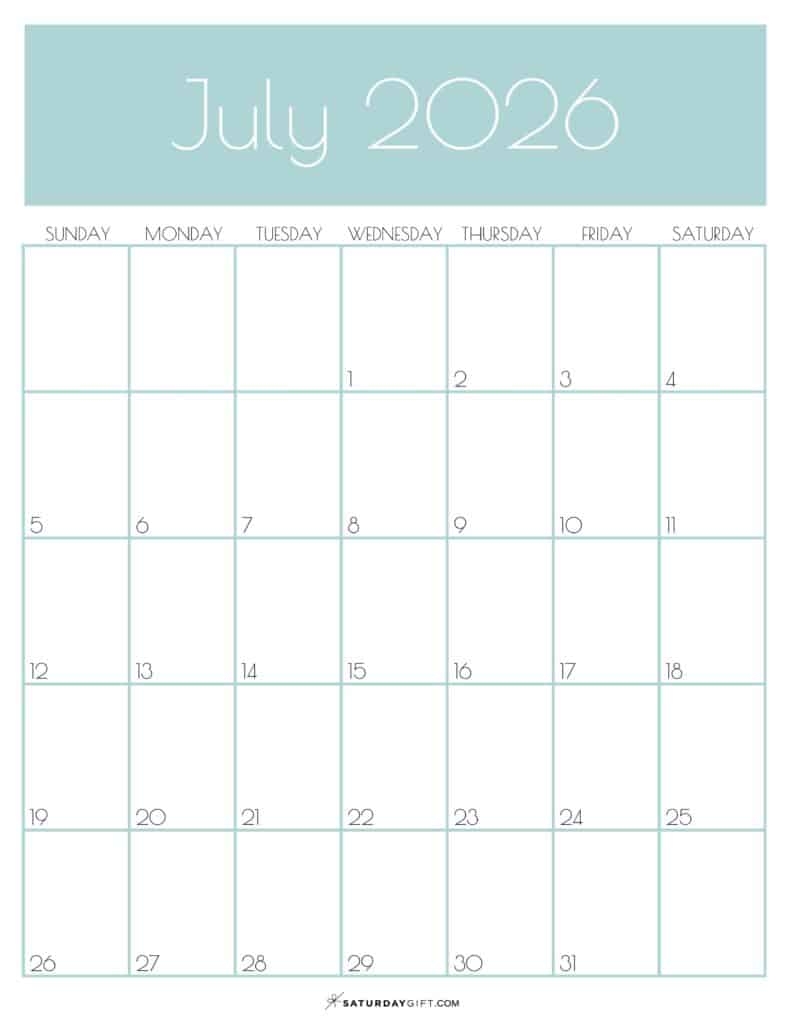 July 2026 Calendars 23 Cute Free Printable PDFs By SaturdayGift