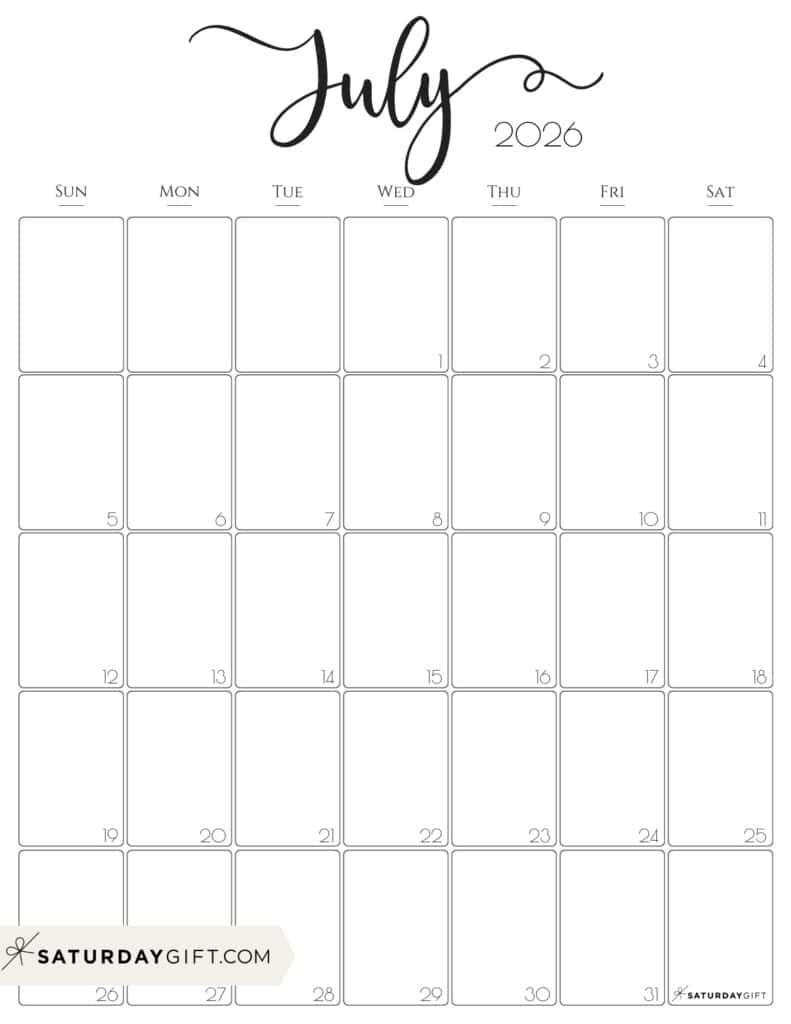 July 2026 Calendars 23 Cute Free Printable PDFs By SaturdayGift