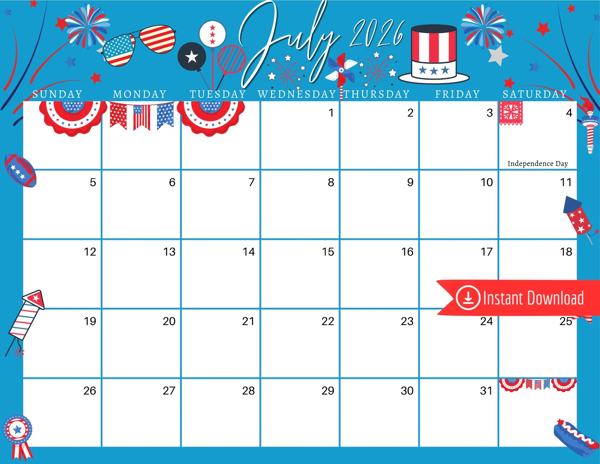 Printable 4th Of July Calendar