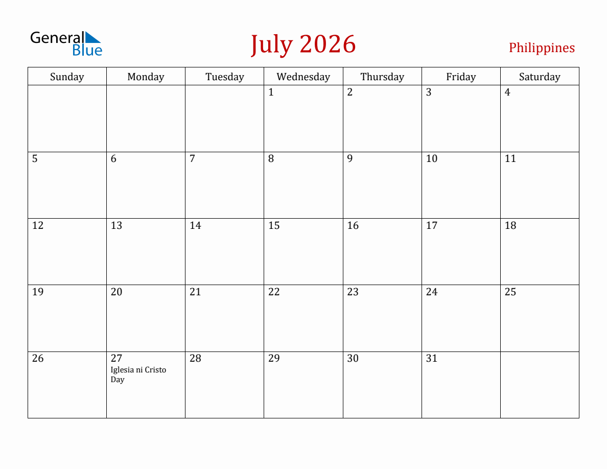 July 2026 Philippines Monthly Calendar With Holidays