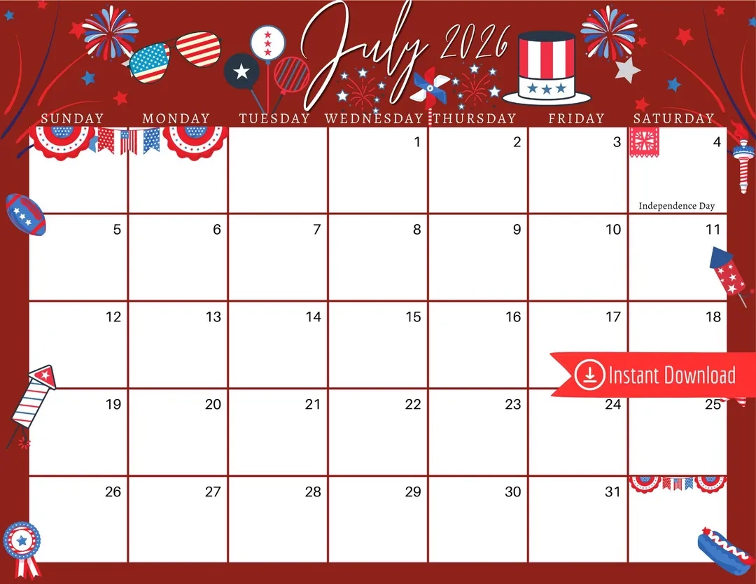 July 2026 Red 4th Of July Calendar Editable Printable Planner 