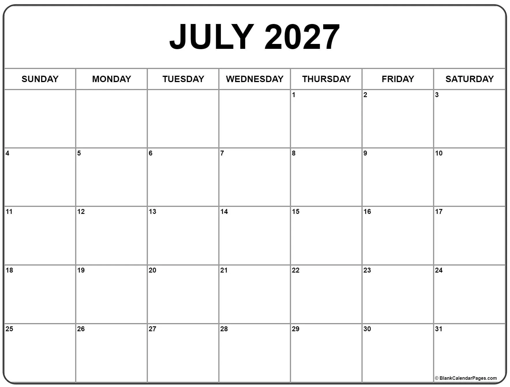 July 2027 Calendar Free Printable Calendars