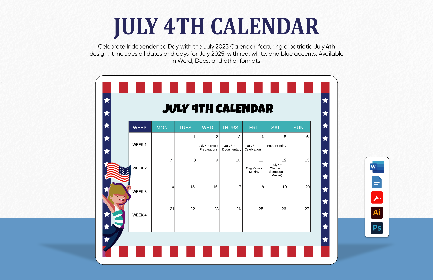 July 4th Calendar In Illustrator Word PSD PDF Google Docs To 