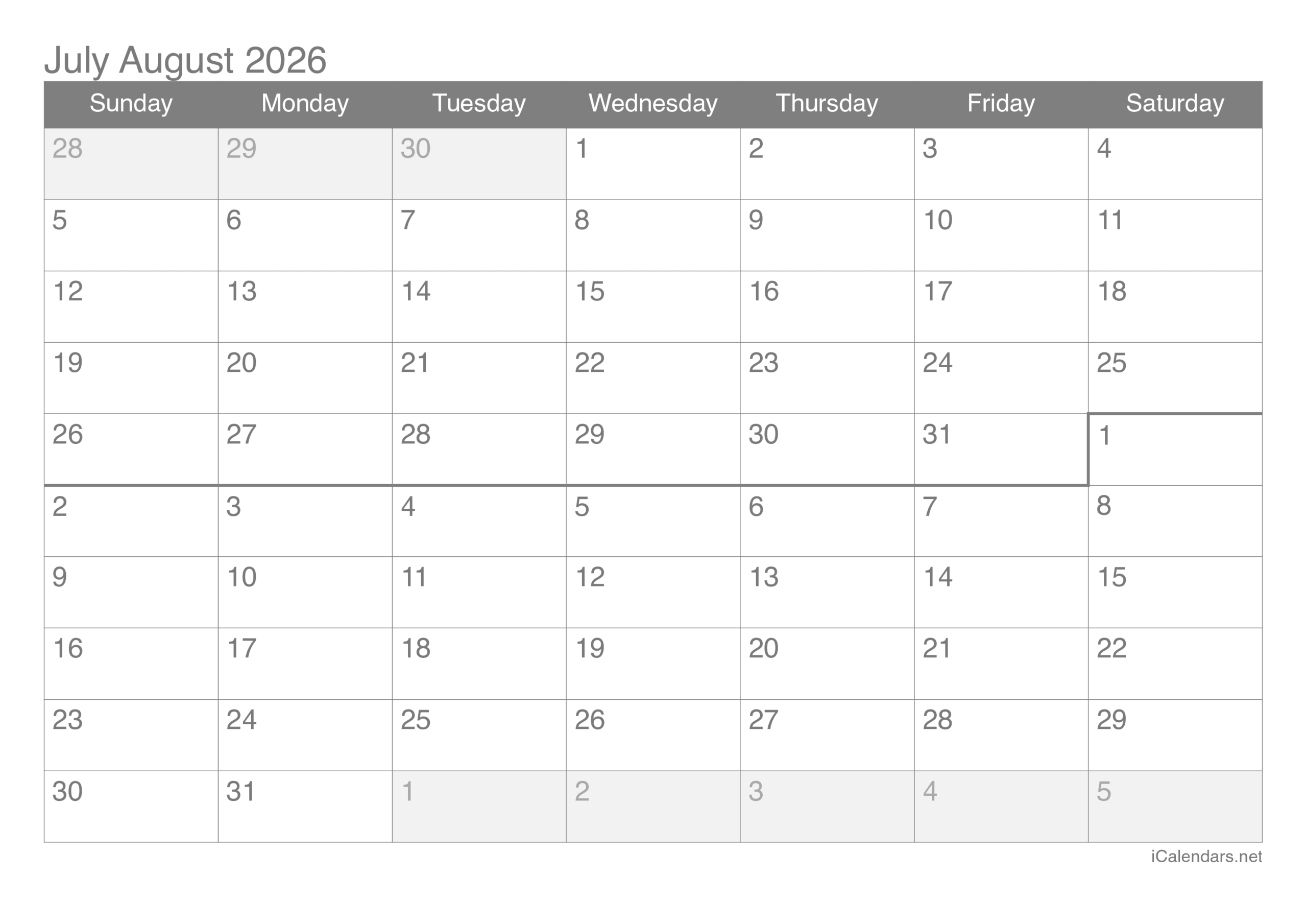 July And August 2026 Printable Calendar