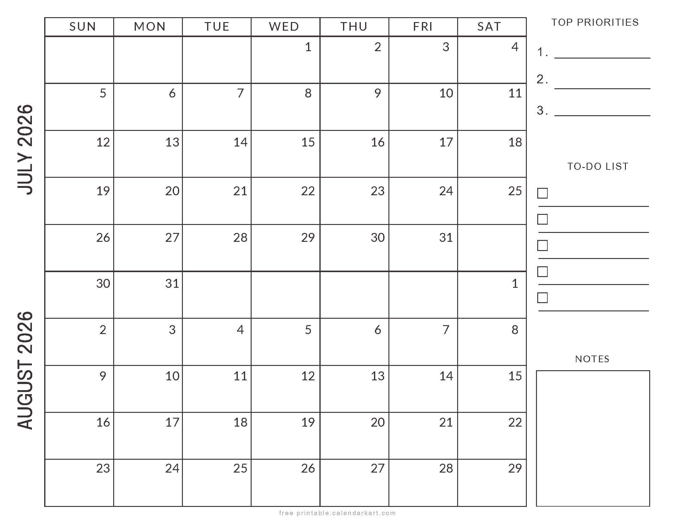 Blank Calendar July 2026 And August 2027