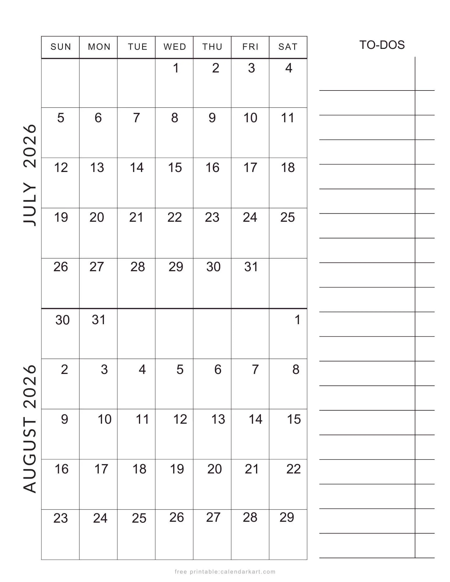 July August 2026 Calendar Printable