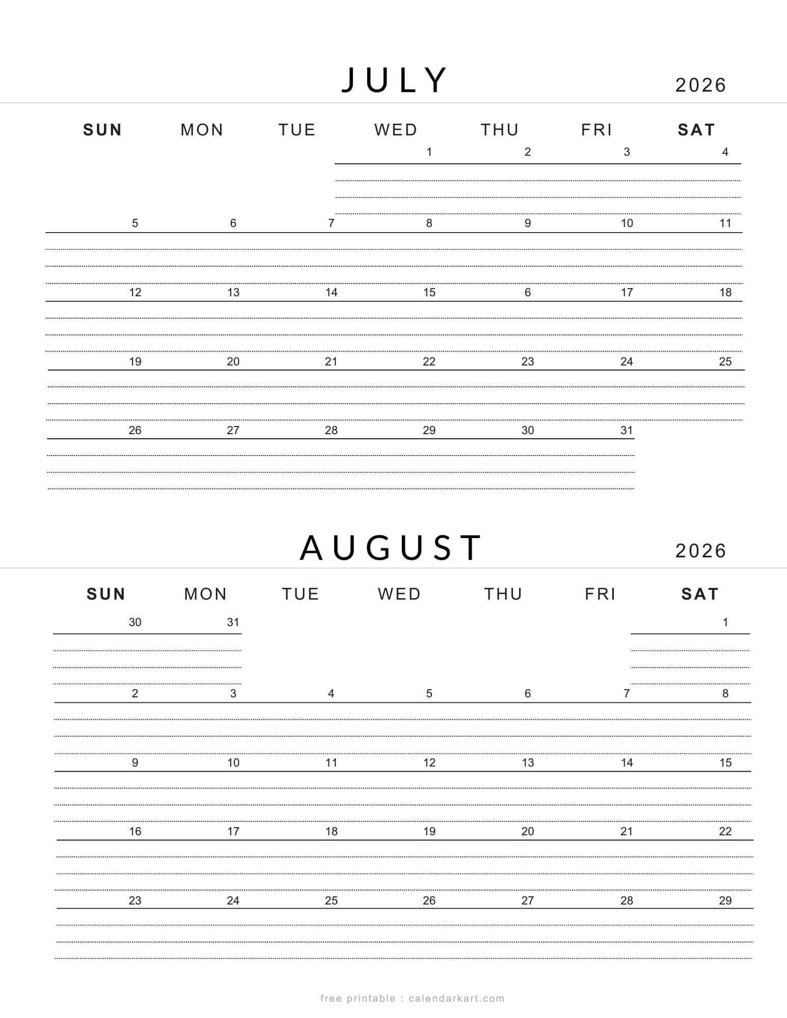 July August 2026 Calendars Free Printable PDFs CalendarKart