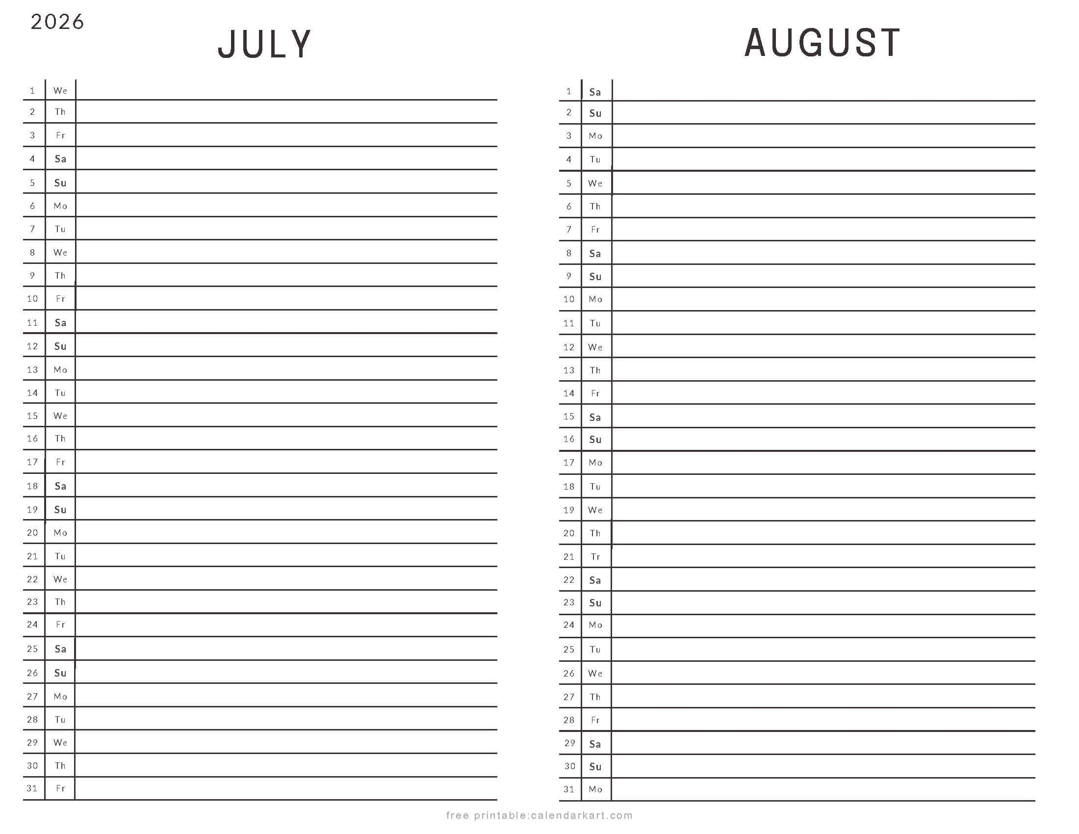 July And August Calendar 2026 Blank